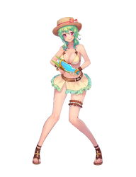 Rule 34 | 1girl, bare shoulders, bikini, bikini skirt, bracelet, breasts, cleavage, collarbone, frilled skirt, frills, full body, green eyes, hat, holding, jewelry, looking at viewer, medium breasts, official art, red eyes, shoes, short hair, simple background, skirt, smile, solo, standing, swimsuit, tenshi mikadokuni, thigh strap, toeless footwear, tongue, tongue out, water gun, white background