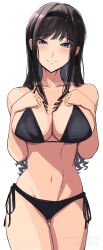 Rule 34 | 1girl, absurdres, aged up, amagami, bikini, black bikini, black hair, black hairband, blue eyes, breasts, cleavage, closed mouth, collarbone, cowboy shot, dated, drill hair, gluteal fold, hairband, half-closed eyes, hands on own breasts, highres, large breasts, long hair, looking at viewer, mitojyaneeeeyo, morishima haruka, navel, side-tie bikini bottom, sidelocks, simple background, solo, swimsuit, twitter username, white background