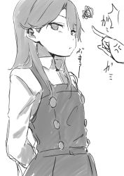 Rule 34 | 1girl, ^^^, anger vein, angry, arashio (kancolle), arms behind back, belt, blush, buttons, closed mouth, collared shirt, commentary, dress, eyes visible through hair, frown, greyscale, hair over shoulder, highres, kantai collection, long hair, long sleeves, looking away, monochrome, pinafore dress, pointing, puffy cheeks, rakisuto, remodel (kantai collection), shirt, simple background, skirt, sleeveless dress, squiggle, swept bangs, translation request, upper body, white background