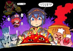 Rule 34 | 1girl, 4boys, blue hair, captain falcon, chef hat, chef kawasaki, creatures (company), eating, empty eyes, f-zero, fire, fire emblem, flamberge (kirby), game freak, gen 2 pokemon, hat, hot sauce, kirby, kirby (series), mario (series), marth (fire emblem), metal gear (series), metal gear solid, multiple boys, nintendo, pichu, pokemon, pokemon (creature), pot, rariatto (ganguri), red eyes, red hair, skull, smile, solid snake, super smash bros., sweat, translation request, wario, wario land, warioware