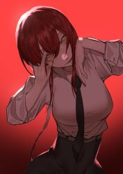 Rule 34 | 1girl, absurdres, black pants, braid, braided ponytail, breasts, chainsaw man, collared shirt, cowboy shot, formal, highres, long coat, makima (chainsaw man), medium breasts, necktie, office lady, pants, red background, red hair, ringed eyes, sharp teeth, shirt, sidelocks, smile, solo, suit, teeth, wb yimo, yellow eyes