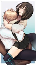 Rule 34 | 1boy, 1girl, between breasts, black hair, black legwear, black skirt, blush, breast pillow, breast rest, breast smother, breasts, breasts on head, face to breasts, girls&#039; frontline, hand on another&#039;s head, head between breasts, heterochromia, highres, hug, kojima (blue stardust), large breasts, long hair, low twintails, multicolored hair, pleated skirt, red eyes, ro635 (girls&#039; frontline), school uniform, short sleeves, skirt, smother, streaked hair, twintails, two-tone hair, white hair, yellow eyes