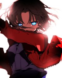 Rule 34 | 1girl, bad id, bad pixiv id, blue eyes, brown hair, covered mouth, glowing, glowing eyes, hand up, hiiragi fuyuki, jacket, kara no kyoukai, long sleeves, looking at viewer, open clothes, open jacket, red jacket, ryougi shiki, shirt, short hair, simple background, solo, upper body, white background