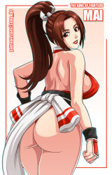 Rule 34 | 1girl, ass, back, backless outfit, breasts, character name, copyright name, fatal fury, huge ass, large breasts, long hair, looking back, parted bangs, pelvic curtain, ponytail, revealing clothes, sano br, shiranui mai, solo, the king of fighters, thick thighs, thighs, watermark, web address, wide hips