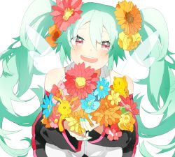 Rule 34 | 1girl, :d, ai kotoba ii (vocaloid), alternate color, alternate eye color, bare shoulders, blue flower, blue hair, blue nails, blush, bow, bowtie, crown, detached sleeves, enma614 (patidonn), eyelashes, eyes visible through hair, fingernails, flower, hair flower, hair ornament, hatsune miku, holding, holding flower, long hair, looking at viewer, nail polish, open mouth, orange flower, pink eyes, pink flower, round teeth, see-through, simple background, smile, solo, stuffed animal, stuffed rabbit, stuffed toy, teddy bear, teeth, toy, twintails, upper body, upper teeth only, very long hair, vocaloid, white background, wings, yellow flower