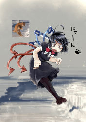 Rule 34 | 1girl, black dress, black hair, black nails, cat, comparison, derivative work, dress, fang, female focus, houjuu nue, meme, nail polish, open mouth, pantyhose, photo-referenced, red eyes, reference photo, sakurai energy, snow, solo, touhou, wings