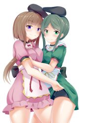 Rule 34 | 2girls, apron, asymmetrical docking, bike shorts, blunt bangs, blush, breast hold, breast press, breasts, brown hair, clothes lift, cowboy shot, dekaraitaa, dress, dress lift, embarrassed, green dress, green eyes, green hair, grimace, hat, heads together, highres, large breasts, lifting another&#039;s clothes, looking at viewer, medium breasts, multiple girls, nishida satono, parted bangs, pink dress, puffy short sleeves, puffy sleeves, purple eyes, short dress, short hair with long locks, short sleeves, sidelocks, simple background, smile, standing, tate eboshi, teireida mai, touhou, waist apron, white background, yuri