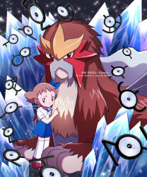 Rule 34 | 1girl, absurdres, animal, animal hug, black background, blue dress, blue ribbon, brooch, brown hair, closed mouth, creatures (company), crystal, dress, entei, eyelashes, fuyu (utngrtn), game freak, gen 2 pokemon, highres, jewelry, legendary pokemon, light particles, looking at viewer, molly hale, nintendo, pokemon, pokemon (anime), pokemon (classic anime), pokemon (creature), pokemon 3: the movie - spell of the unown: entei, red eyes, red footwear, ribbon, shirt, short hair, socks, unown, unown b, unown d, unown f, unown g, unown i, unown j, unown l, unown n, unown p, unown q, unown r, unown t, unown u, unown w, unown x, white shirt, white socks, worried