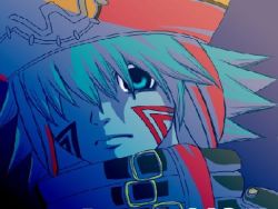 Rule 34 | .hack//, .hack//g.u., .hack//roots, 00s, 1boy, aqua hair, azure kite, bandai, blue eyes, close-up, cyber connect 2, hair over one eye, hat, lowres, male focus, scar, solo, spiked hair, stitches, strap, tattoo, tri-edge