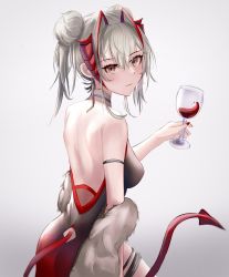 Rule 34 | 1girl, absurdres, alcohol, alternate costume, alternate hairstyle, antenna hair, arknights, armlet, backless dress, backless outfit, bare shoulders, black dress, breasts, brown eyes, closed mouth, clothing cutout, cowboy shot, cup, double bun, dress, drinking glass, from behind, fur shawl, gradient background, gradient dress, grey background, hair bun, highres, holding, holding cup, ksloweii, looking at viewer, looking back, medium breasts, multicolored hair, nail polish, red dress, red hair, red nails, shawl, short hair, silver hair, smile, solo, tail, tail through clothes, thigh strap, two-tone hair, w (arknights), wine, wine glass