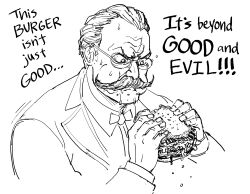 Rule 34 | 1boy, absurdres, bb (baalbuddy), burger, collared shirt, commentary, cropped torso, eating, english commentary, english text, facial hair, food, friedrich nietzsche, glaring, glasses, greyscale, highres, holding, holding food, long sleeves, monochrome, mustache, real life, shirt, short hair, solo, sweat, upper body