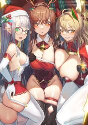 Rule 34 | 3girls, anis (nikke), bell, black gloves, black thighhighs, blonde hair, breast press, breasts, brown hair, christmas, cleavage, commentary request, cup, detached collar, elbow gloves, fake antlers, from side, gloves, goddess of victory: nikke, green eyes, grey hair, grin, hair between eyes, hat, highleg, highleg leotard, highres, holding, holding cup, large breasts, leotard, long hair, looking at viewer, looking to the side, medium breasts, multiple girls, natori youkai, neck bell, neon (nikke), open mouth, panties, pantyhose, pointy ears, rapi (nikke), red leotard, red skirt, santa hat, shiny skin, skirt, smile, straight hair, strapless, strapless leotard, thighhighs, thighs, underwear, very long hair, white gloves, white panties, white pantyhose, white thighhighs, yellow eyes