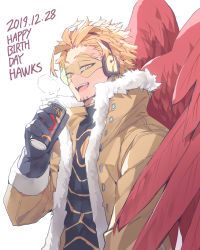 Rule 34 | 1boy, birthday, black gloves, black shirt, blonde hair, boku no hero academia, brown jacket, can, commentary request, dated, deavor lover, facial hair, facial mark, fangs, feathered wings, fur-trimmed gloves, fur-trimmed jacket, fur trim, gloves, goggles, happy birthday, hawks (boku no hero academia), headphones, high collar, highres, holding, holding can, jacket, korean commentary, long sleeves, looking at viewer, male focus, open mouth, red wings, shirt, short hair, simple background, smile, solo, stubble, teeth, tinted eyewear, upper body, upper teeth only, white background, wings, yellow-tinted eyewear, yellow eyes