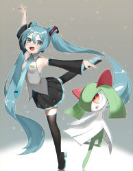 Rule 34 | 1girl, :d, absurdres, blue eyes, blush, boots, collared shirt, commentary, creatures (company), crossover, dancing, eyelashes, fang, floating hair, game freak, gen 3 pokemon, grey shirt, hair between eyes, hatsune miku, highres, kirlia, leg up, long hair, necktie, nintendo, open mouth, pleated skirt, pokemon, pokemon (creature), reirou (chokoonnpu), shirt, skirt, sleeveless, sleeveless shirt, smile, sparkle, standing, standing on one leg, symbol-only commentary, thigh boots, thighhighs, tongue, twintails, vocaloid
