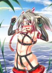 Rule 34 | 10s, 1girl, bdsm, blush, bondage outfit, breasts, brown eyes, brown hair, collar, elbow gloves, fingerless gloves, gloves, harness, headband, highres, kantai collection, kousoku, leash, long hair, navel, nipples, open mouth, ponytail, slave, small breasts, solo, water, zuihou (kancolle)