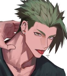 Rule 34 | 1boy, absurdres, achilles (fate), black shirt, brown eyes, ear piercing, earrings, fate (series), green hair, grey hair, hand on own neck, haruakira, highres, jewelry, looking at viewer, male focus, mature male, piercing, shirt, short hair, simple background, solo, tongue, tongue out, tongue piercing, upper body, white background