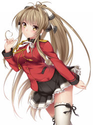 Rule 34 | 10s, 1girl, ahoge, aiguillette, amagi brilliant park, antenna hair, blush, bow, breasts, brown eyes, brown hair, coat, hair bow, hair ribbon, heart, heart hair, highres, large breasts, long hair, looking at viewer, military, military uniform, miniskirt, nanamiya, ponytail, red coat, ribbon, ruffling hair, sento isuzu, simple background, skirt, solo, standing, thighhighs, thighs, uniform, very long hair, white background, white thighhighs, yellow eyes, zettai ryouiki
