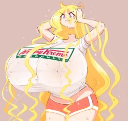 Rule 34 | 1girl, blonde hair, breasts, cassie (theycallhimcake), dullahan, covered erect nipples, gigantic breasts, headless, highres, annoyed, long hair, original, purple eyes, shirt, solo, taut clothes, theycallhimcake, wet, wet clothes, wet hair, wet shirt