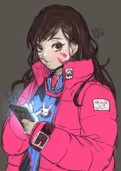 Rule 34 | 1girl, absurdres, alracoco, bodysuit, brown eyes, brown hair, blowing bubbles, cellphone, chewing gum, d.va (overwatch), facial mark, high collar, highres, jacket, lips, long hair, looking at viewer, overwatch, overwatch 1, phone, pilot suit, pink jacket, sketch, solo, whisker markings