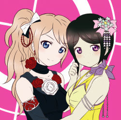 Rule 34 | 2girls, armlet, arms around waist, bare shoulders, black choker, black dress, black hair, blonde hair, blue eyes, blush, bow, breasts, brooch, choker, collarbone, crosshair, daisy, danganronpa: trigger happy havoc, danganronpa (series), detached sleeves, dress, embarrassed, enoshima junko, flower, flower on head, formal, freckles, hair bow, hair ribbon, heart, highres, holding, holding hair, ikusaba mukuro, incest, jewelry, long eyelashes, long hair, looking at viewer, medium breasts, medium hair, multiple girls, bowtie, necklace, neckwear request, parted bangs, pearl necklace, piercing, pink background, pink ribbon, purple bow, purple eyes, purple neckwear, red earrings, red flower, red rose, ribbon, rose, shiny skin, short hair, siblings, simple background, sisters, smile, twincest, twins, two-tone background, wearing plant, white background, white bow, white flower, white rose, yellow dress, yuri
