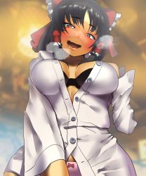 Rule 34 | 1girl, black bra, black hair, blush, bow, bow panties, bra, breasts, breath, collared shirt, commentary request, cookie (touhou), dark sauce, frilled bow, frilled hair tubes, frills, hair bow, hair tubes, hakurei reimu, heart, heart-shaped pupils, highres, indoors, long sleeves, looking at viewer, medium breasts, open mouth, panties, pink panties, red bow, saliva, sananana (cookie), shirt, short hair, smile, solo, symbol-shaped pupils, touhou, unbuttoned, unbuttoned shirt, underwear, undressing, upper body, white shirt