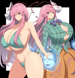 Rule 34 | 1girl, bare shoulders, bikini, breasts, bursting breasts, chestnut mouth, closed mouth, covered erect nipples, cowboy shot, cross, dot nose, dress, dual persona, female focus, floating hair, fox mask, gigantic breasts, green shirt, hair between eyes, hair ornament, hata no kokoro, highres, holding, huge breasts, kloah, long hair, long sleeves, looking at viewer, mask, mask on head, micro bikini, neck ribbon, pink eyes, pink hair, plaid, plaid shirt, ribbon, shiny clothes, shiny skin, shirt, sidelocks, skirt, solo, standing, star (symbol), swimsuit, touhou, underboob, x (symbol)