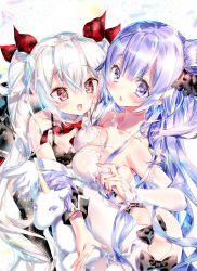 Rule 34 | 2girls, :d, :o, azur lane, bare shoulders, bikini, bikini top only, black bikini, black bow, black dress, black legwear, black ribbon, blush, bow, bowtie, breasts, cleavage, clothing cutout, collar, collarbone, commentary request, detached collar, detached sleeves, dress, fang, fingernails, hair between eyes, hair bun, hair ribbon, halterneck, kamiya maneki, leaning forward, long hair, long sleeves, looking at viewer, looking to the side, medium breasts, multiple girls, one side up, open mouth, parted lips, purple eyes, purple hair, red eyes, red neckwear, red ribbon, ribbon, side bun, side cutout, silver hair, single hair bun, single side bun, sleeves past wrists, smile, stuffed animal, stuffed toy, stuffed winged unicorn, swimsuit, thighhighs, twintails, unicorn (azur lane), vampire (azur lane), very long hair, white collar, white dress, wing collar