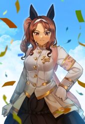 Rule 34 | 1girl, animal ears, armband, black skirt, breasts, brown hair, closed mouth, cloud, confetti, day, ear covers, gaman, gloves, hairband, hand on own hip, horse ears, jacket, king halo (noble white cheer attire) (umamusume), king halo (umamusume), long hair, long sleeves, orange eyes, outdoors, side ponytail, sign, skirt, small breasts, smile, solo, standing, umamusume, upper body, white gloves, white jacket