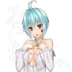 Rule 34 | 1girl, aqua hair, bad id, bad pixiv id, bare shoulders, blush, breasts, brown eyes, character request, cleavage, frills, hands on own chest, nakamura nagare, no bra, open mouth, phantasy star, phantasy star online 2, solo, star (symbol), transparent background