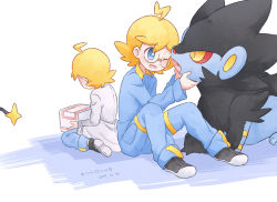 Rule 34 | 1boy, ahoge, akasaka (qv92612), back-to-back, blonde hair, blue eyes, blue jumpsuit, clemont (pokemon), commentary request, creatures (company), dated, fang, game freak, gen 4 pokemon, glasses, holding, holding pokemon, jumpsuit, long sleeves, luxray, multiple views, nintendo, one eye closed, open mouth, pokemon, pokemon (anime), pokemon (creature), pokemon xy (anime), shinx, shoes, sitting, smile, tongue, translation request, aged down