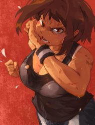 Rule 34 | 1girl, bare shoulders, boku no hero academia, bra, bra visible through clothes, breasts, brown hair, cleavage, highres, khyle., large breasts, looking at viewer, official alternate costume, red background, red eyes, solo, tagme, underwear, uraraka ochako
