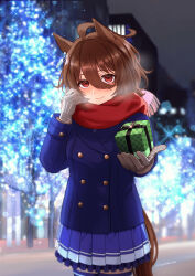 Rule 34 | 1girl, absurdres, agnes tachyon (umamusume), ahoge, animal ears, blue coat, blurry, blurry background, blush, bokeh, box, breasts, breath, brown gloves, brown hair, buttons, closed mouth, coat, cowboy shot, depth of field, double-breasted, earrings, emil1030 blue, gift, gift box, glint, gloves, hair between eyes, highres, holding, holding gift, horse ears, horse girl, horse tail, jewelry, long sleeves, looking at viewer, medium hair, outdoors, pleated skirt, purple skirt, reaching, reaching towards viewer, scarf, single earring, skirt, small breasts, smile, solo, standing, tail, tree, twitter username, umamusume
