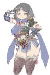 Rule 34 | 1girl, armor, black hair, breasts, gloves, hand on own hip, headband, highres, japanese clothes, kamura (armor), large breasts, monster hunter (series), monster hunter rise, pauldrons, short hair, shoulder armor, simple background, sketch, thighhighs, white background, yazawa owl
