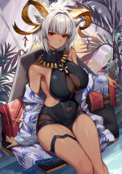 Rule 34 | 1girl, absurdres, animal ears, arknights, black one-piece swimsuit, breasts, carnelian (arknights), carnelian (shimmering dew) (arknights), casual one-piece swimsuit, clothing cutout, commentary, dark-skinned female, dark skin, goat ears, goat girl, goat horns, grey hair, hammock, highres, horn ornament, horns, jewelry, korean commentary, large breasts, looking at viewer, molyb, navel cutout, necklace, official alternate costume, one-piece swimsuit, red eyes, revision, short hair, smile, solo, swimsuit, white hair