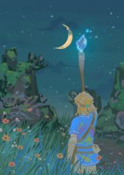 Rule 34 | 1boy, arm up, bag, blonde hair, blue fire, blue shirt, blue tunic, crescent moon, elf, facing away, fire, flower, grass, highres, link, male focus, medium hair, moon, mountain, night, night sky, nintendo, pointy ears, ponytail, pouch, shirt, sky, sleeves past elbows, solo, solo focus, standing, the legend of zelda, the legend of zelda: breath of the wild, torch, triangle, tunic, white shirt, yoauuki