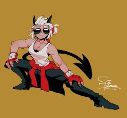 Rule 34 | 1girl, 2021, 25 kimera, artist name, bare shoulders, breasts, clothes around waist, dated, demon girl, demon horns, demon tail, fingerless gloves, full body, gloves, grey hair, helltaker, highres, horns, jacket, jacket around waist, justice (helltaker), large breasts, looking at viewer, muscular, muscular female, pants, simple background, sleeveless, smile, solo, sunglasses, sweat, tail, watermark