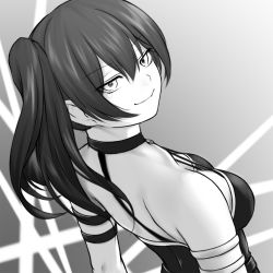 Rule 34 | 1girl, armband, back, breasts, chien zero, choker, cleavage, downblouse, from behind, greyscale, halterneck, looking at viewer, looking back, medium breasts, monochrome, ponytail, simple background, smile, solo, sousou no frieren, ubel (sousou no frieren)