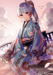 Rule 34 | 1girl, absurdres, alternate costume, ayaka (genshin impact), bird, blue eyes, blue hair, blue kimono, blunt bangs, breasts, chinese knot, cloud, cloudy sky, collarbone, commentary request, cowboy shot, flower knot, genshin impact, guzangnanfeng, hair ornament, highres, japanese clothes, kimono, long hair, looking at viewer, medium breasts, obi, outdoors, ponytail, print kimono, railing, sash, sitting, sky, sleeves past wrists, solo, twilight