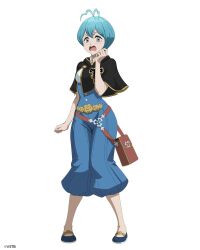 Rule 34 | 1girl, baggy pants, belt, black bulls (emblem), black capelet, black clover, black clover m: rise of the wizard king, blue footwear, blue hair, blue pants, blush, bob cut, brown bag, brown belt, capelet, full body, grey (black clover), grey eyes, highres, looking at viewer, official art, open mouth, pants, shirt, short hair, simple background, slippers, solo, white background, white shirt