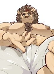 Rule 34 | 1boy, animal ears, bara, bulge, chest tuft, come hither, cowboy shot, crave saga, crotch, fang, fang out, foreshortening, from below, furry, furry male, highres, kaeru333938123, karaha (crave saga), large pectorals, lion boy, lion ears, lion mane, looking at viewer, looking down, male focus, mature male, meme, muscular, muscular male, nipples, offering hand, outstretched hand, pants, pectorals, reaching, reaching towards viewer, seductive smile, short hair, smile, solo, thick eyebrows, topless male, white pants, yur oc like this (meme)