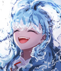 Rule 34 | 1girl, absurdres, blue hair, edwin (pixiv41000061), closed eyes, fangs, happy, highres, hololive, hololive indonesia, kobo kanaeru, laughing, liquid hair, open mouth, solo, virtual youtuber, water