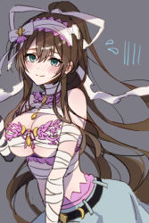 Rule 34 | 1girl, aqua eyes, assault lily, bandaged arm, bandaged neck, bandages, bare shoulders, belt, black belt, black gloves, blue skirt, blush, bow, bow hairband, breasts, brown hair, budget sarashi, chest sarashi, cleavage, closed mouth, commentary, elbow gloves, embarrassed, flying sweatdrops, gloves, grey background, hair between eyes, hair bow, hair ribbon, hairband, halloween costume, hand up, high ponytail, highres, jewelry, large breasts, long hair, looking at viewer, midriff, mummy costume, nose blush, official alternate costume, pendant, ponytail, ribbon, sarashi, serizawa chikaru, sidelocks, simple background, single elbow glove, sketch, skirt, solo, standing, sweatdrop, torn ribbon, underboob, upper body, very long hair, wavy mouth, white bow, white hairband, white ribbon, youmtk1714