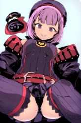 Rule 34 | 1girl, ass, belt, beret, black panties, breasts, fate/grand order, fate (series), from below, hat, helena blavatsky (fate), jacket, looking at viewer, looking down, panties, purple eyes, purple hair, purple thighhighs, short hair, small breasts, smile, solo, tetsubuta, thighhighs, underwear
