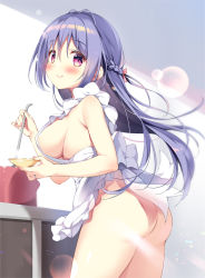 Rule 34 | 1girl, apron, ass, blue hair, blush, braid, breasts, closed mouth, commentary request, frilled apron, frills, from side, hair between eyes, holding, ladle, large breasts, light censor, long hair, looking at viewer, looking to the side, naked apron, original, pan (mimi), pot, purple eyes, sideboob, smile, solo, very long hair, white apron