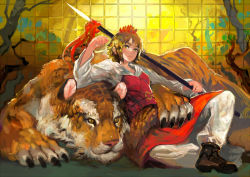 Rule 34 | 1girl, animal, bishamonten&#039;s pagoda, blonde hair, boots, chest plate, full body, onion (onion and pi-natto), polearm, short hair, slit pupils, solo, spear, tiger, toramaru shou, touhou, weapon