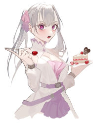 Rule 34 | 1girl, absurdres, black clover, cake, dress, food, fork, frit 2, fruit, grey hair, hair ribbon, happy birthday, highres, holding, holding cake, holding food, holding fork, noelle silva, purple dress, purple ribbon, ribbon, solo, strawberry, strawberry shortcake, twintails, white background