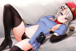 Rule 34 | 1girl, 9a-91 (girls&#039; frontline), :o, asymmetrical bangs, beret, black footwear, black panties, blue eyes, blush, boots, breasts, brown gloves, couch, elbow gloves, embarrassed, finalcake, girls&#039; frontline, gloves, grey hair, groin, hair ornament, hat, high heel boots, high heels, knee up, long hair, looking at viewer, lying, medium breasts, navel, no bra, on back, on couch, panties, parted lips, pouch, red hat, red scarf, scarf, see-through, signature, solo, star (symbol), star hair ornament, straight hair, thigh boots, thighhighs, torn clothes, underwear, very long hair