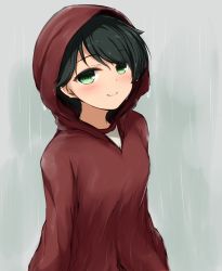 10s 1girl blush coat don_(29219) dripping female_focus green_eyes green_hair kantai_collection looking_at_viewer matching_hair/eyes mogami_(kancolle) rain raincoat short_hair smile solo swept_bangs water wet