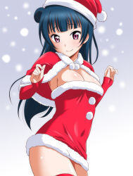 Rule 34 | 1girl, blue hair, breasts, capelet, christmas, cleavage, closed mouth, commentary, covered navel, cowboy shot, dress, elbow gloves, fur-trimmed capelet, fur-trimmed dress, fur trim, gloves, hair bun, half gloves, hat, long hair, looking at viewer, love live!, love live! sunshine!!, marugoshi teppei, medium breasts, microdress, purple eyes, red capelet, red gloves, red hat, red thighhighs, santa dress, santa hat, side bun, single side bun, smile, snowing, solo, standing, strapless, strapless dress, thighhighs, tsushima yoshiko