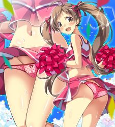 Rule 34 | 1girl, ahoge, alternate costume, ass, blush, breasts, brown eyes, brown hair, butt crack, commentary request, commission, idolmaster, long hair, macaroni hourensou, medium breasts, navel, open mouth, panties, polka dot, polka dot panties, skeb commission, sky, solo, sweat, twintails, underwear